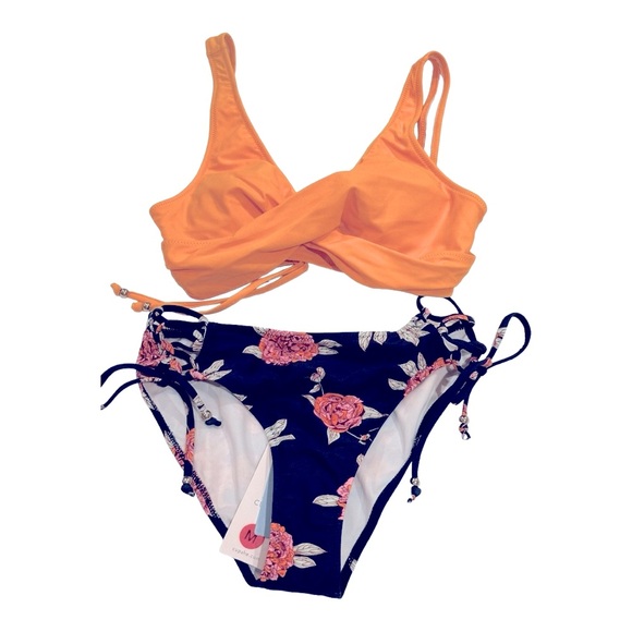 CUPSHE twist‎ front bikini.Navy floral bottom & yellow top size medium - Picture 1 of 14